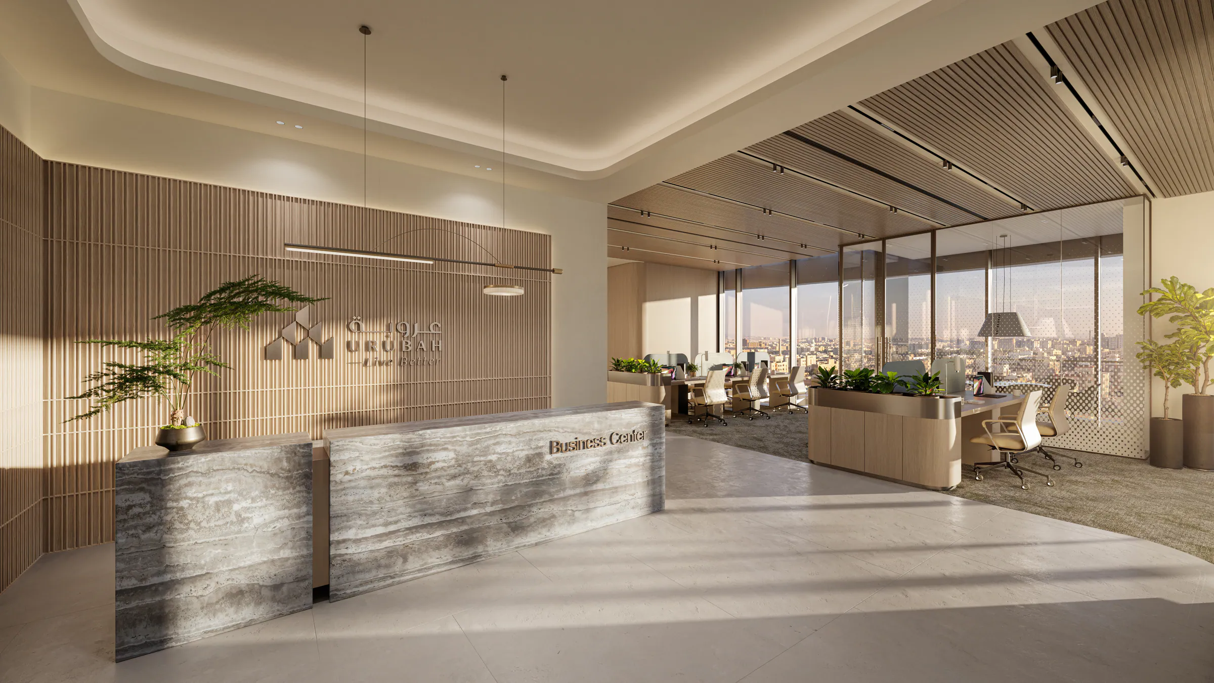 A business centre reception in stone and timber, open workspaces behind it