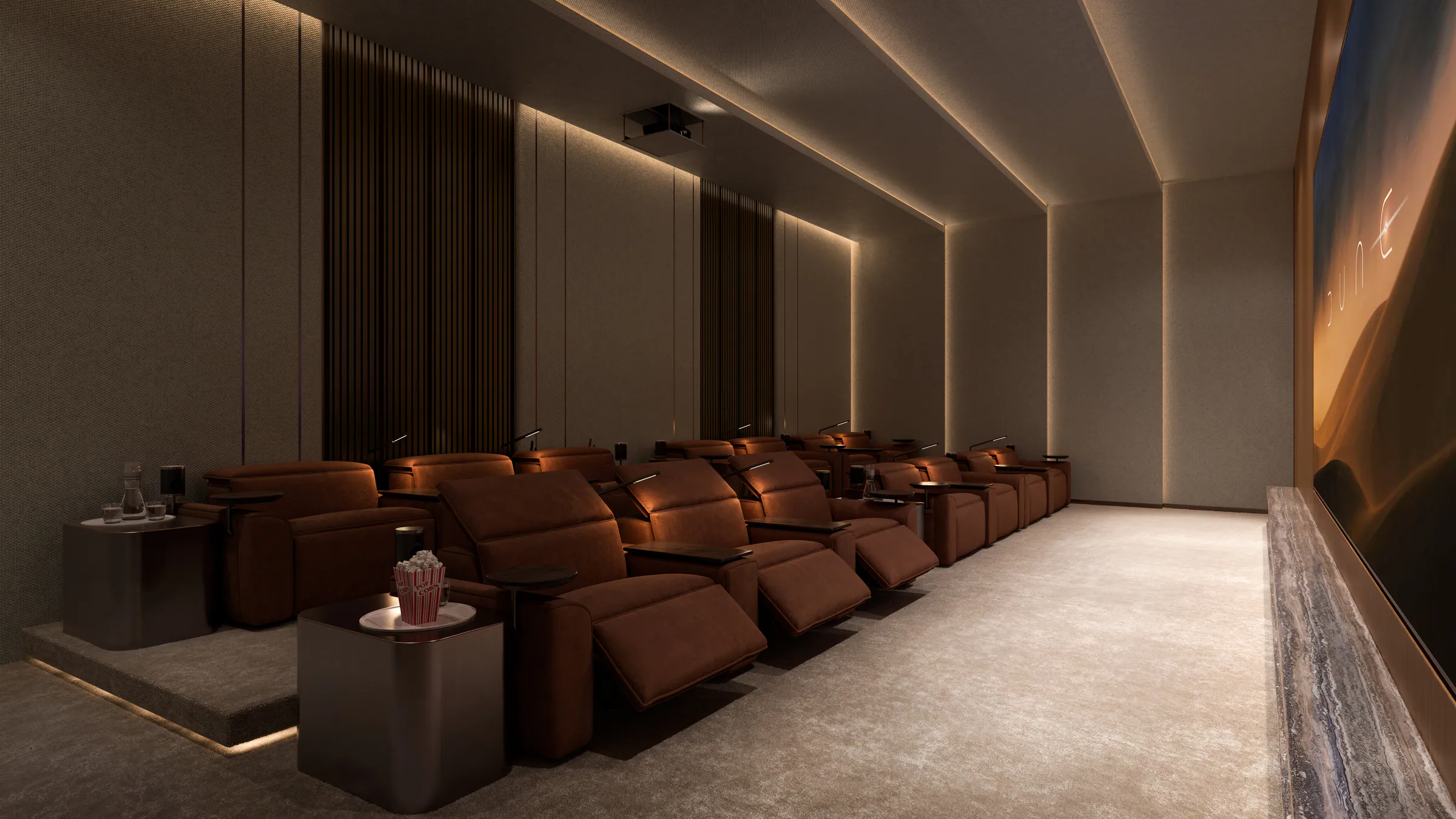 A private cinema with rows of leather recliners