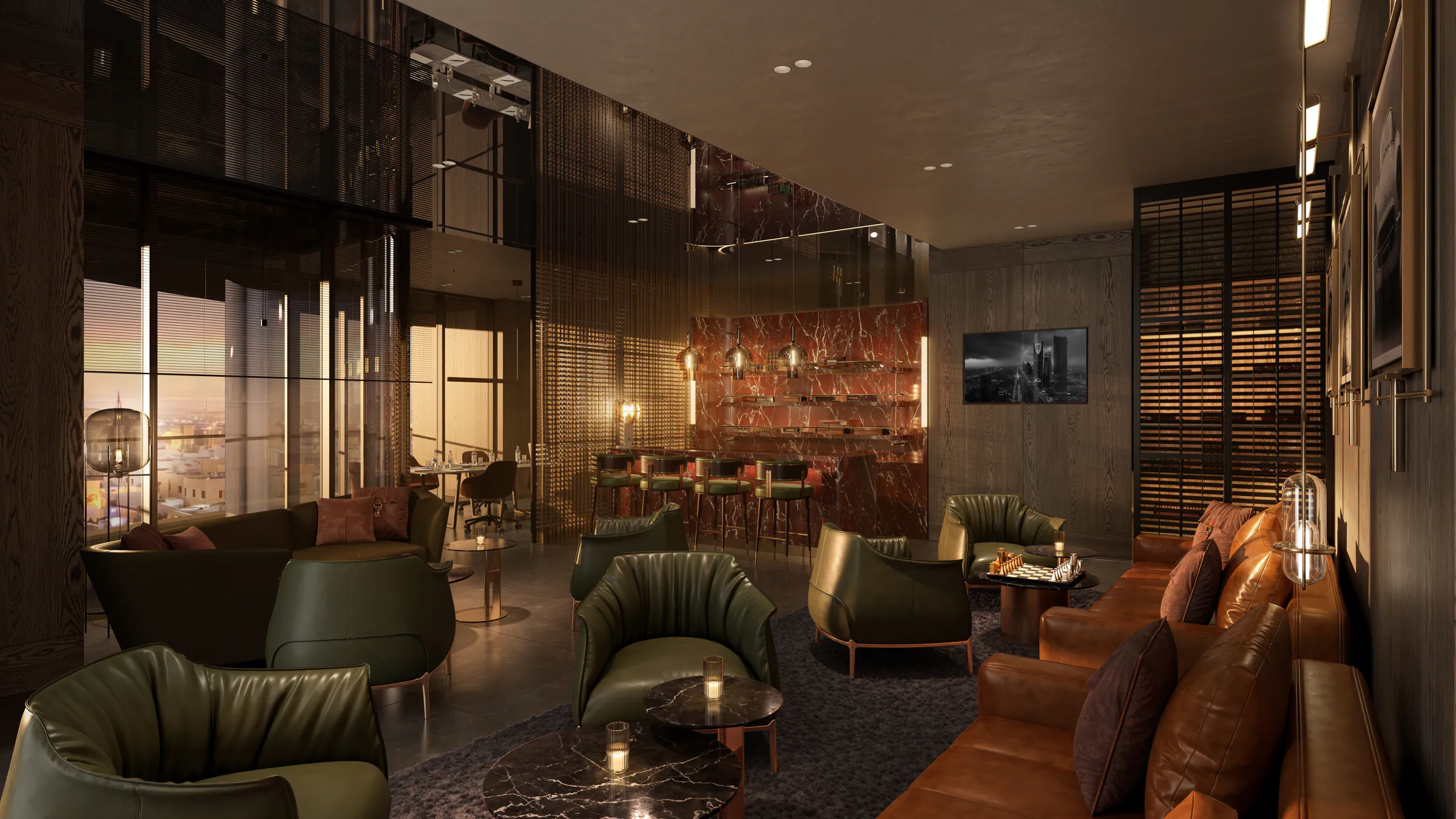 The members’ lounge: leather armchairs, a bar and warm low light