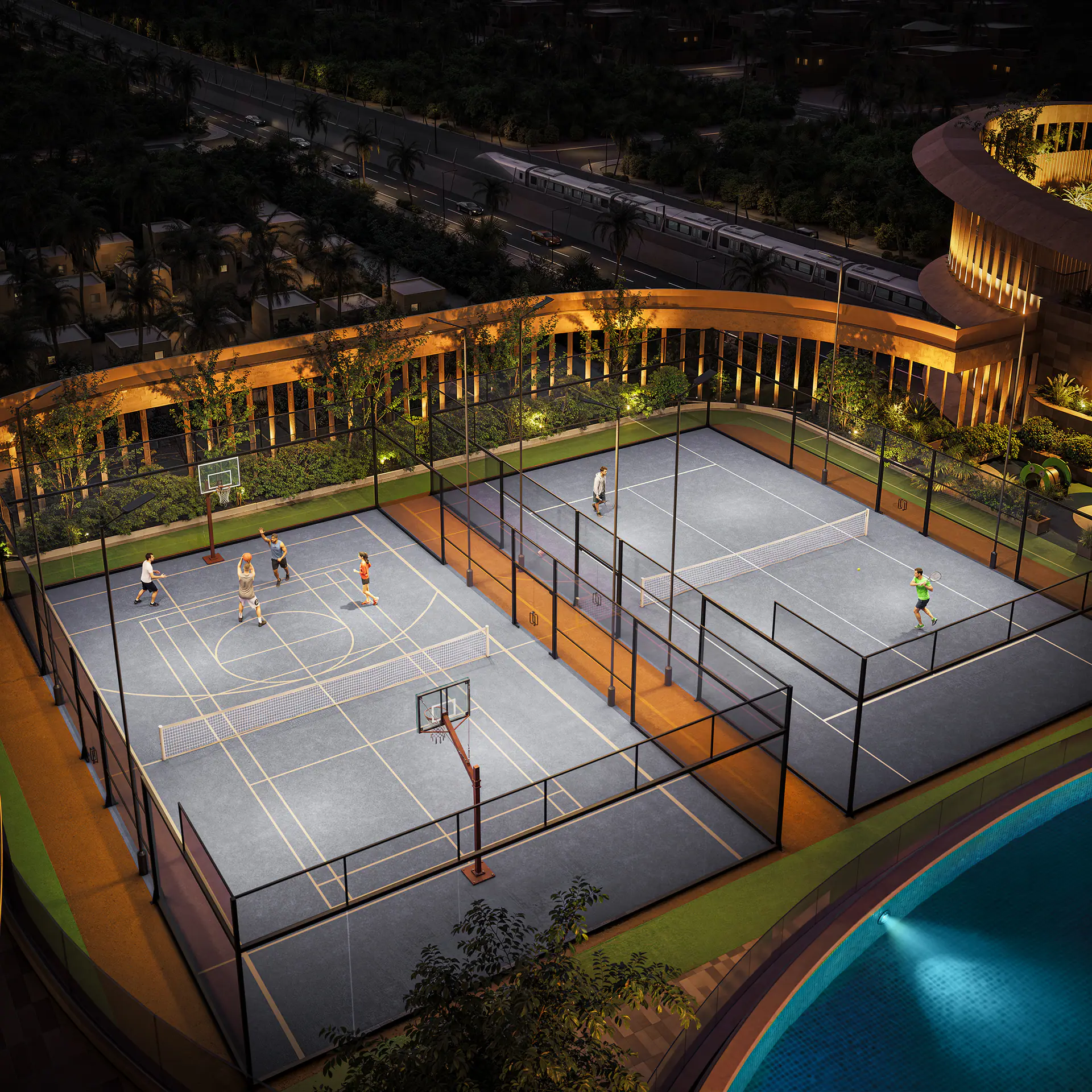 Padel courts and a basketball court on the podium, lit at night