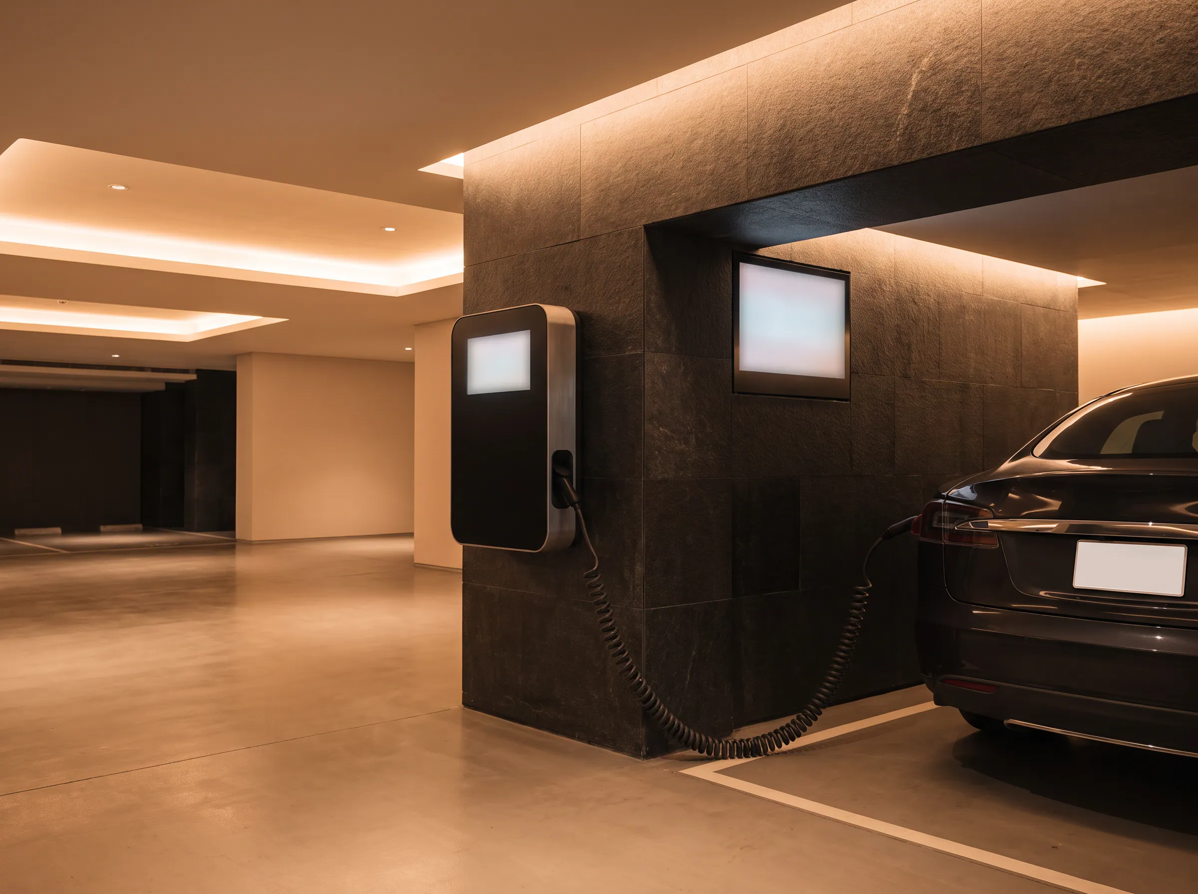 A wall-mounted electric car charger on a stone-clad wall, its cable plugged into a parked car