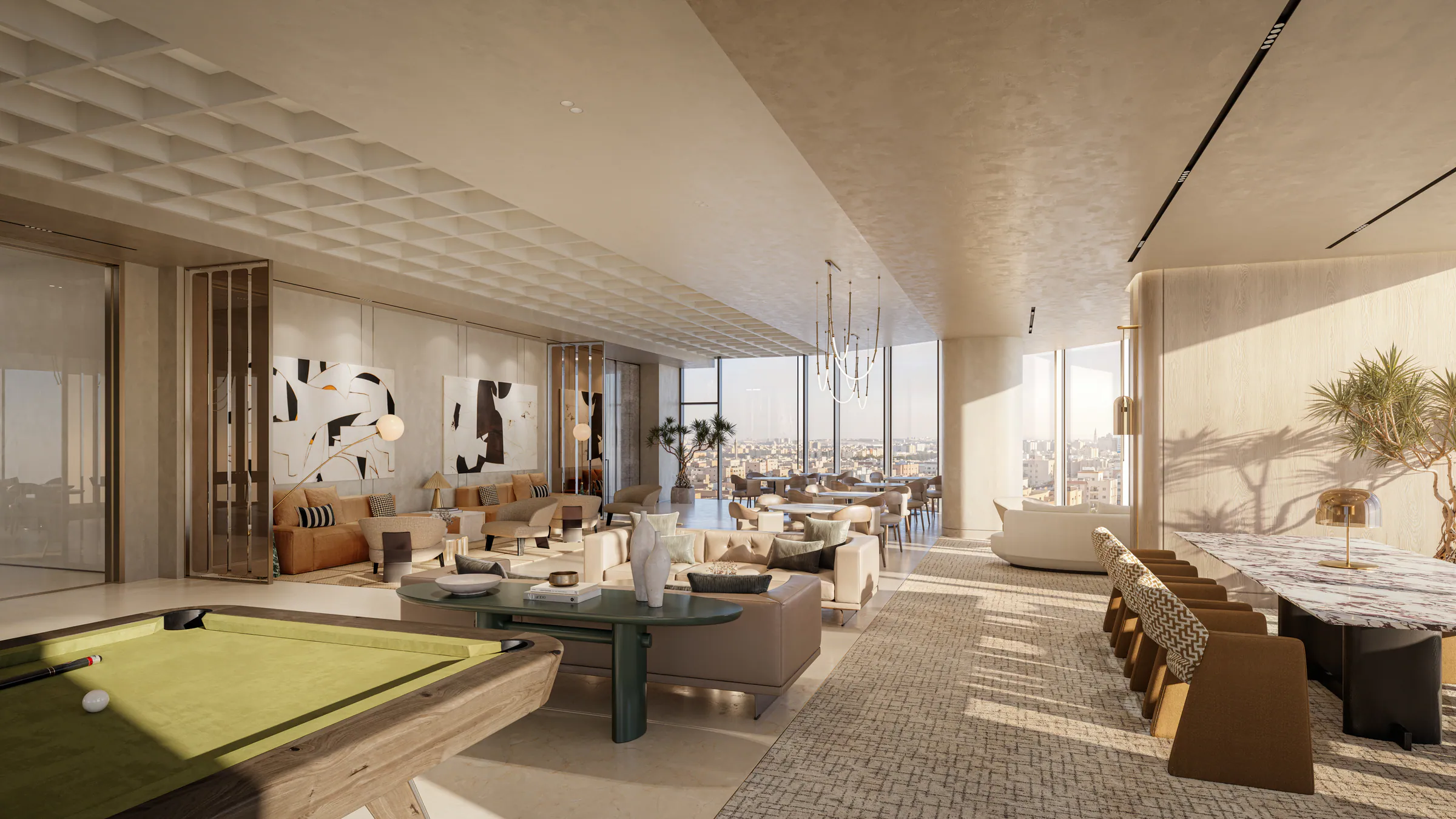 A multi-purpose hall with lounge seating, a games table and a long dining table