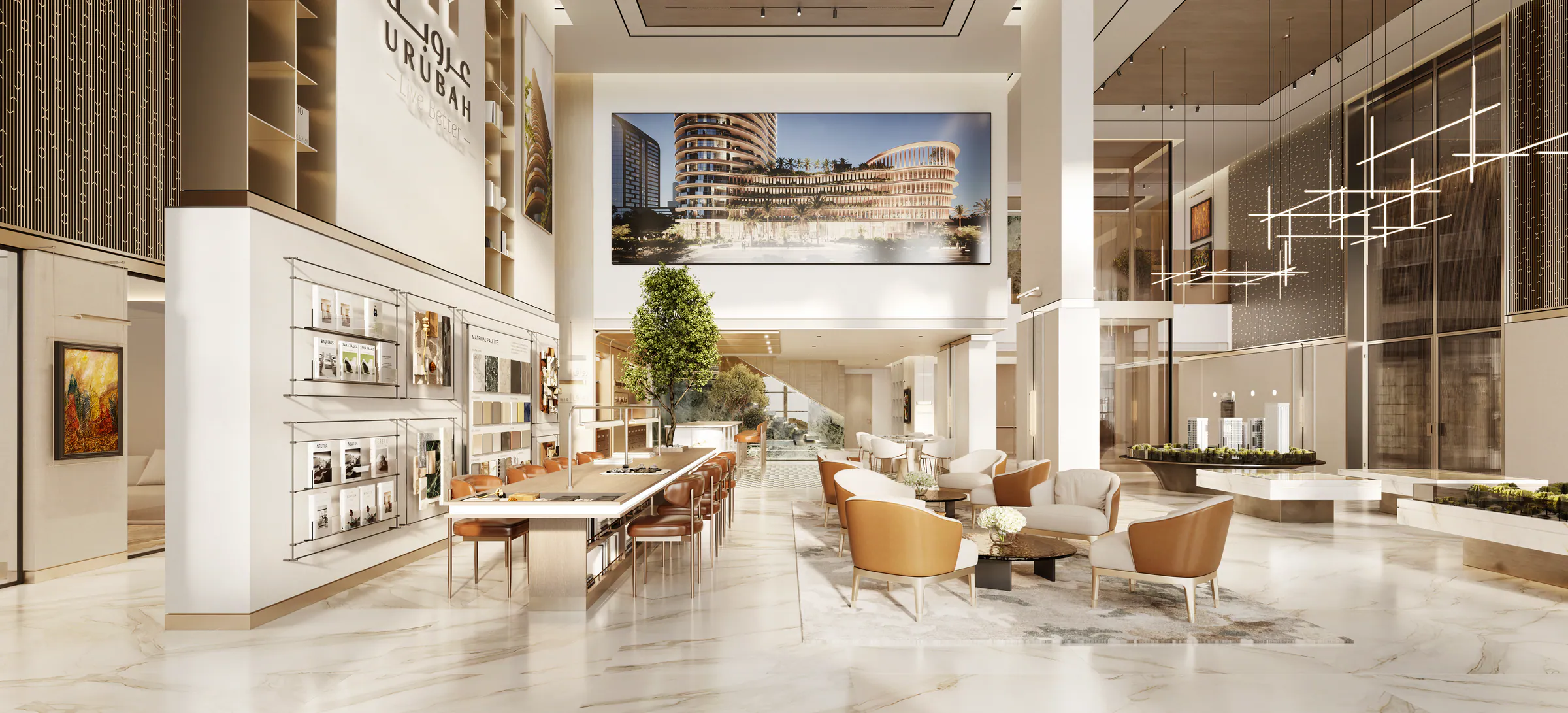 The double-height hall with a large image of Burj Urubah above a lounge