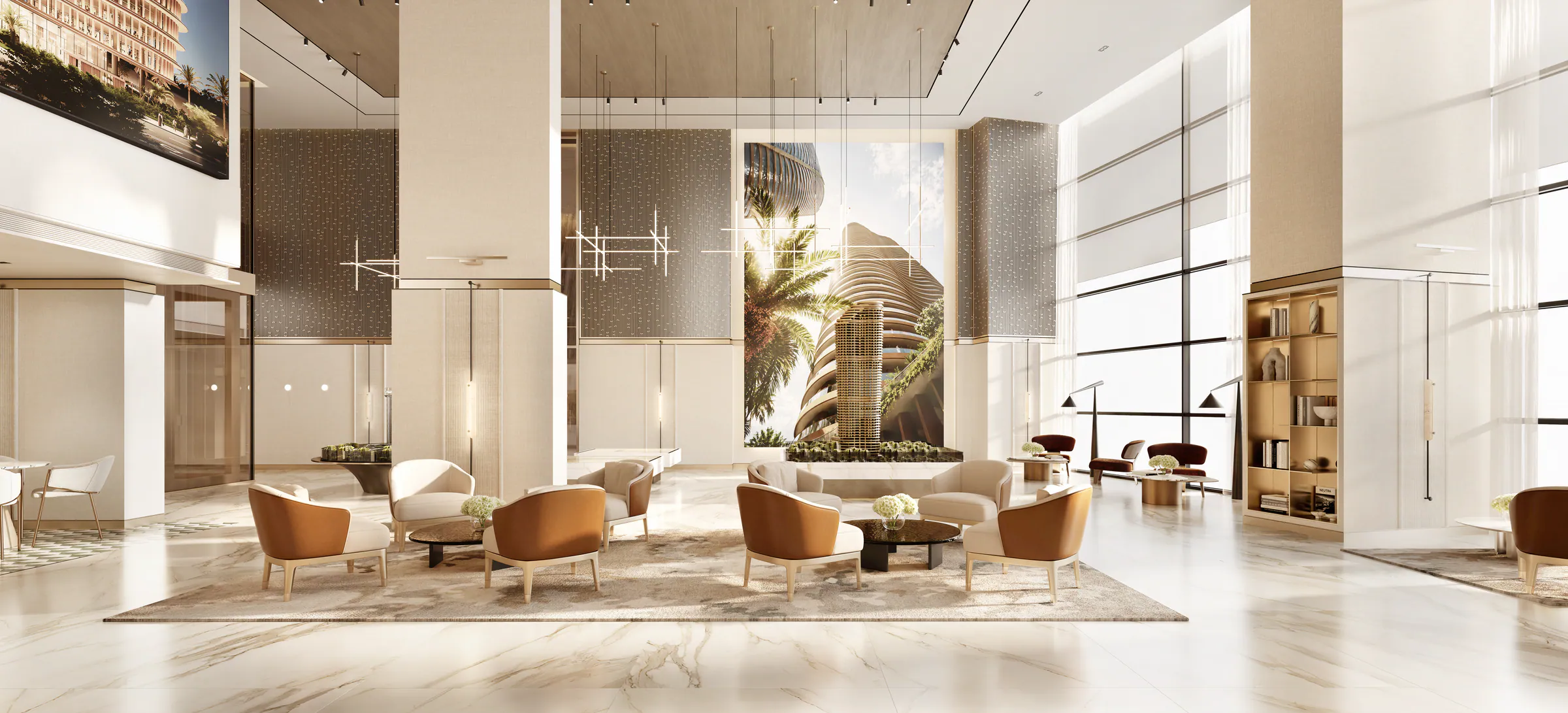 A lounge of leather armchairs before a tall view of the tower