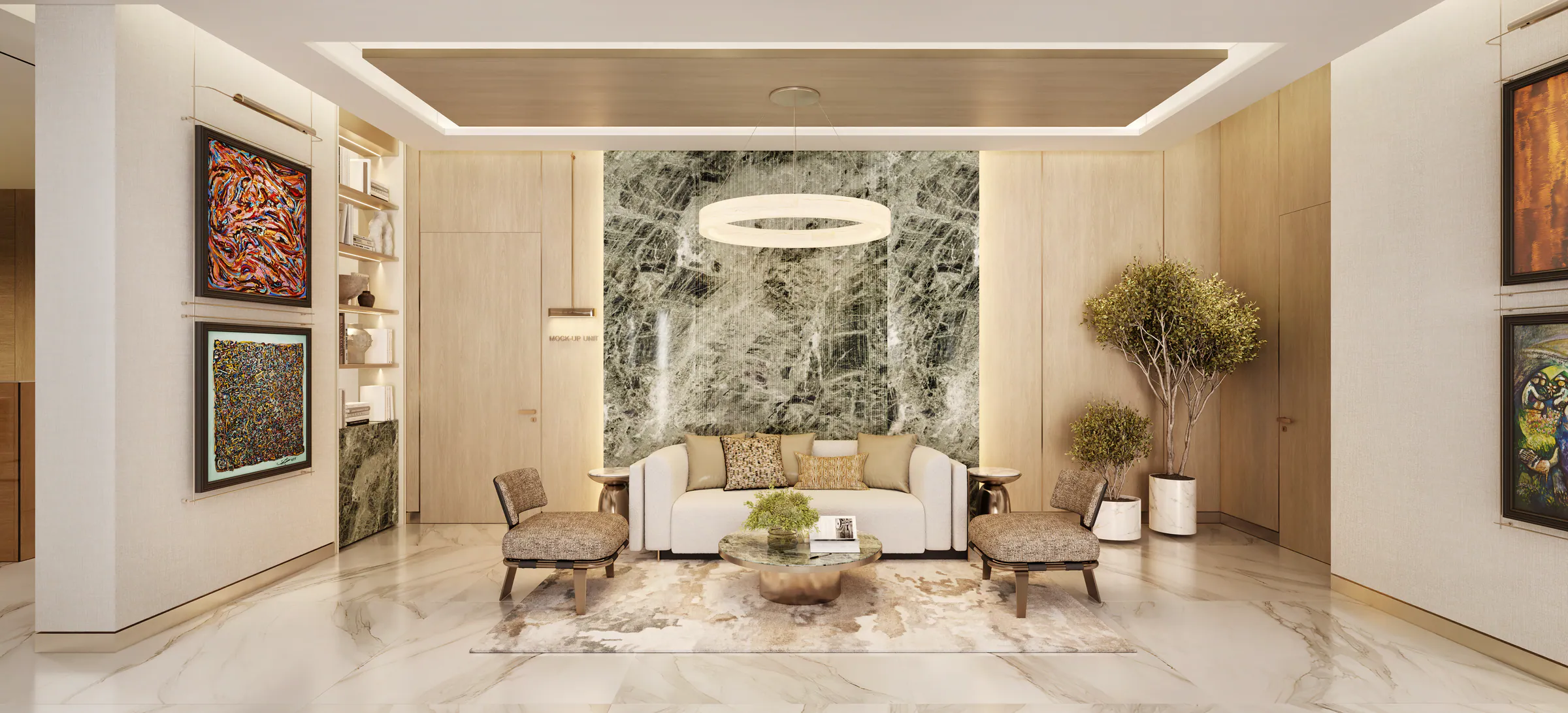 A private sitting room with a green marble wall and artworks