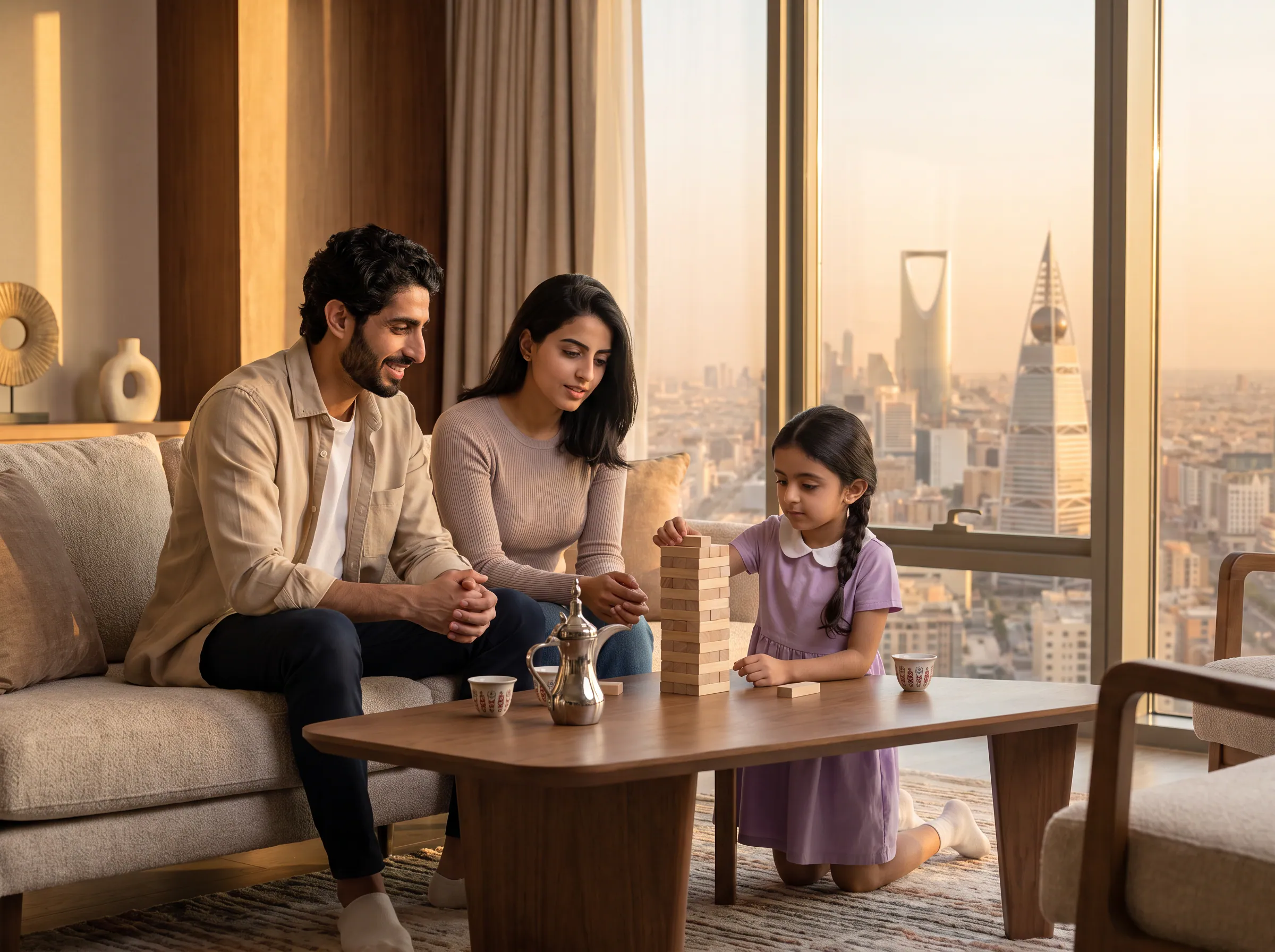 A family playing a game in their living room, Riyadh’s towers beyond the window