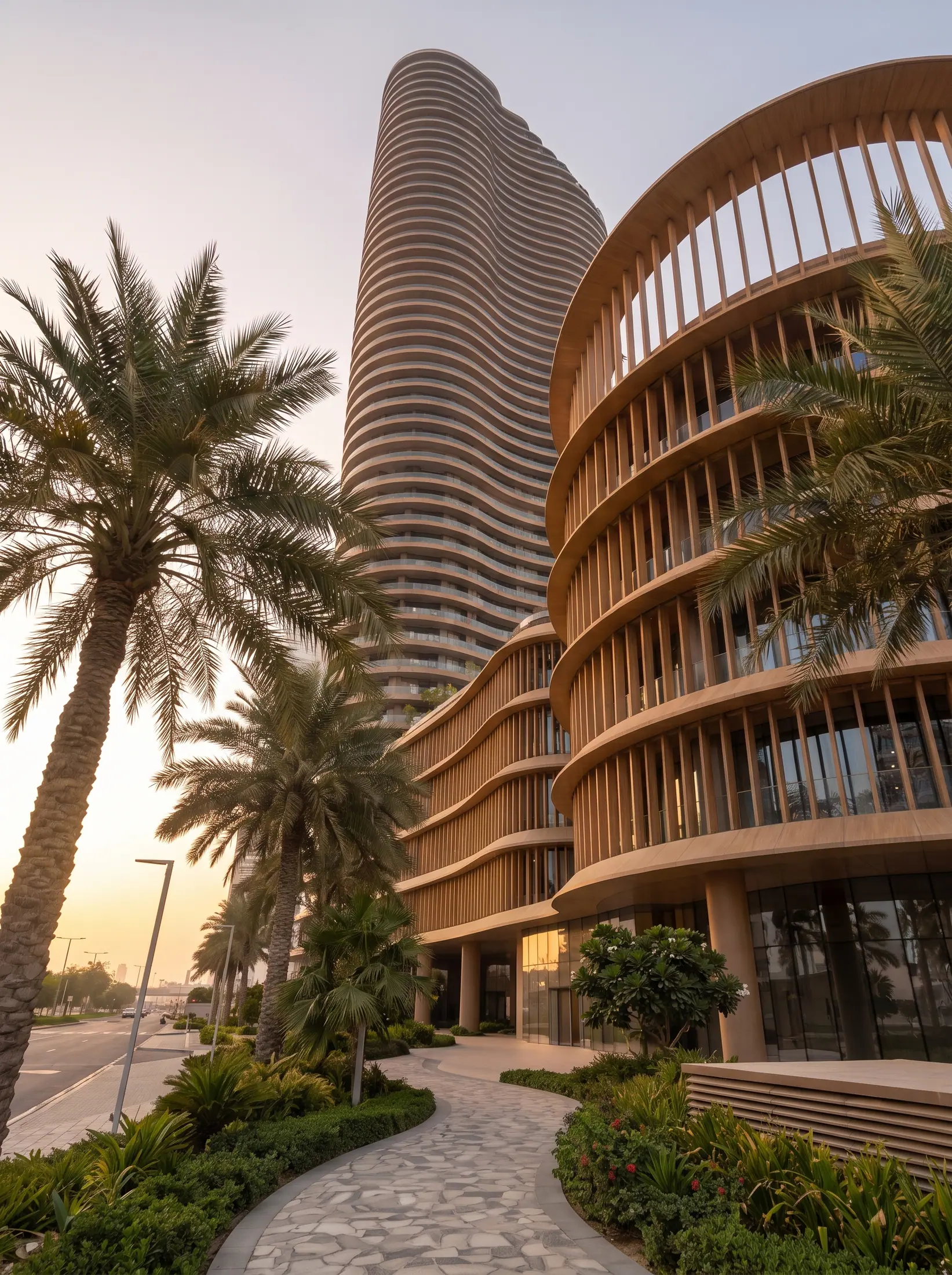 A garden path among palms leading to the podium and the tower