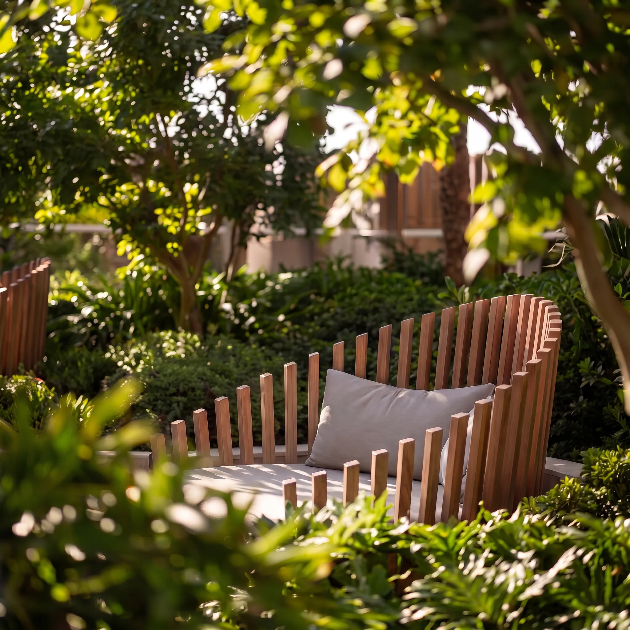 A curved timber seat with a cushion among dense garden planting