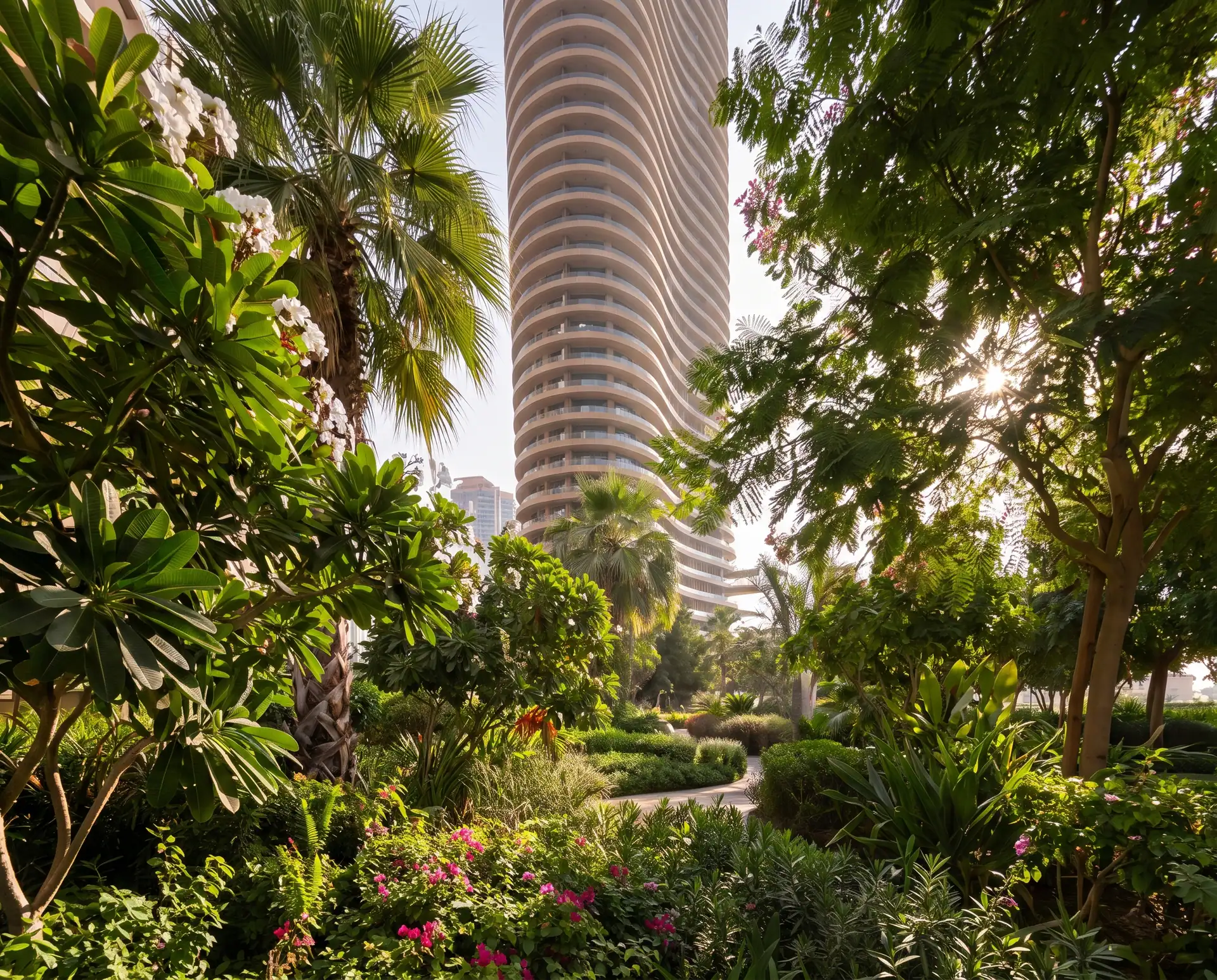 Burj Urubah seen through the planted podium garden