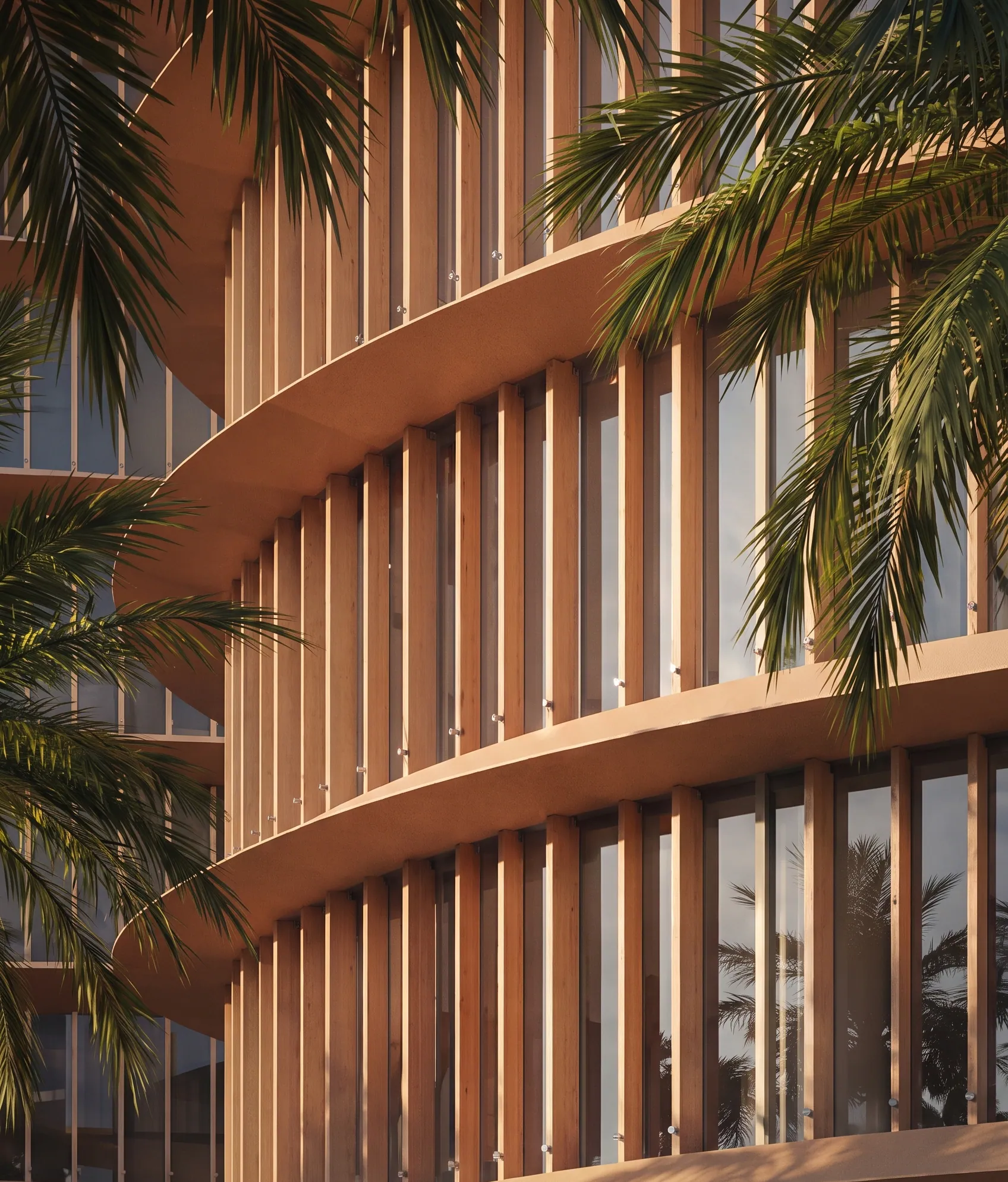 The deep fins and textured cladding of Burj Urubah's podium