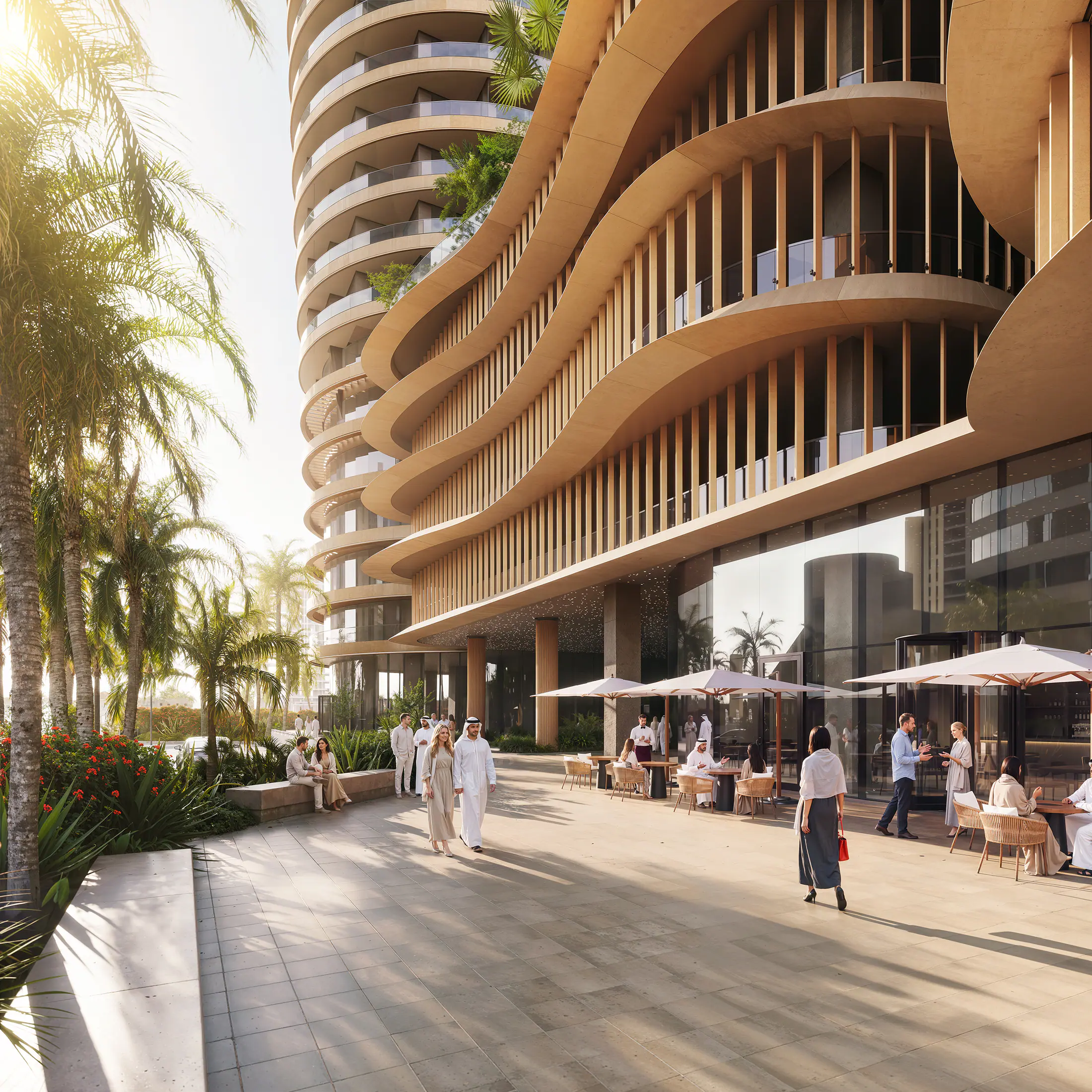 Café tables under parasols along the podium's curved, shaded walk