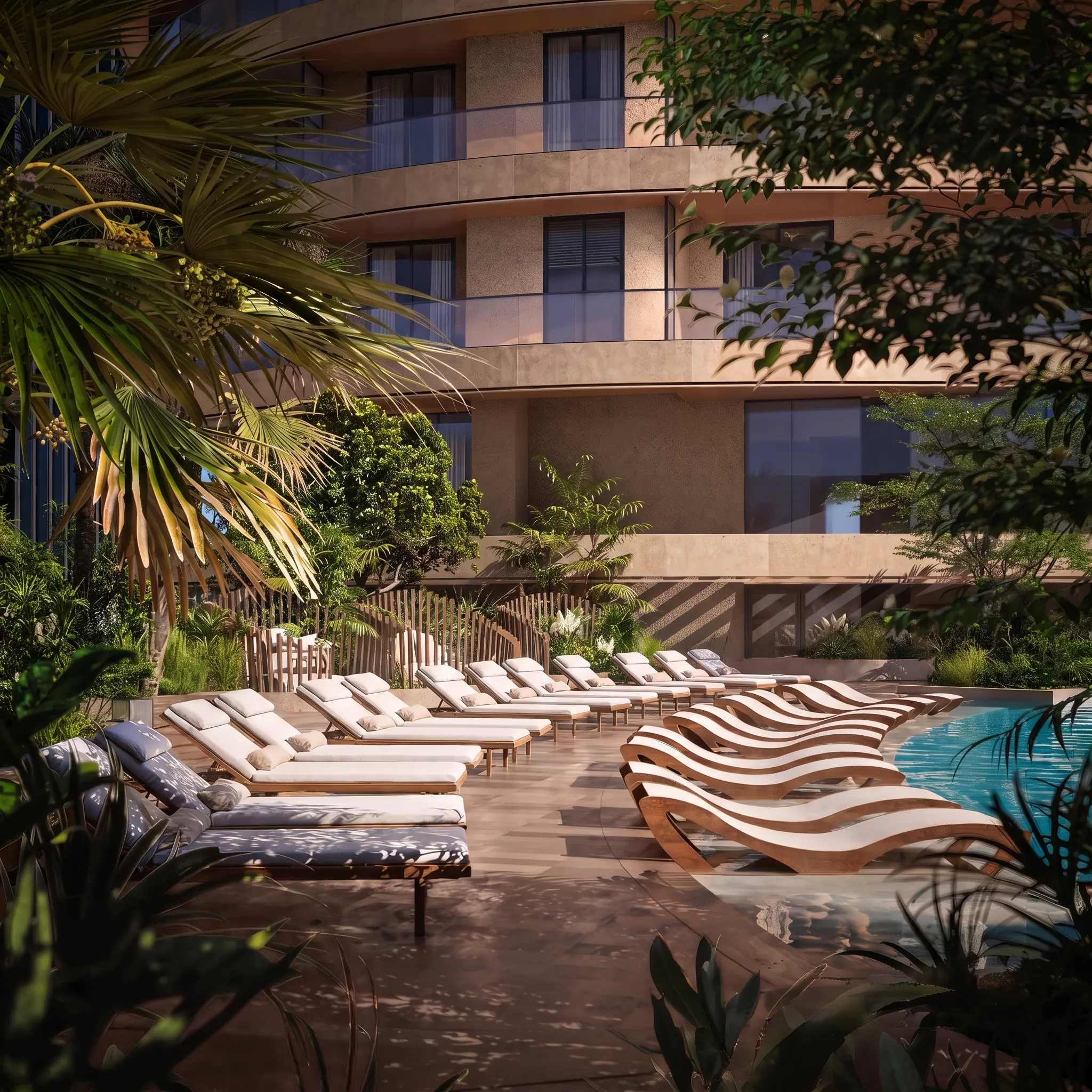 Rows of loungers on the pool deck beneath palms at the tower’s foot