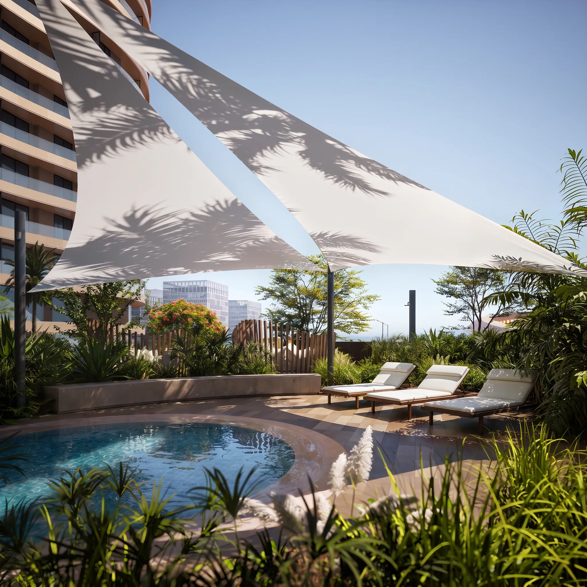 A shaded pool beneath sail canopies, loungers among planting by the tower