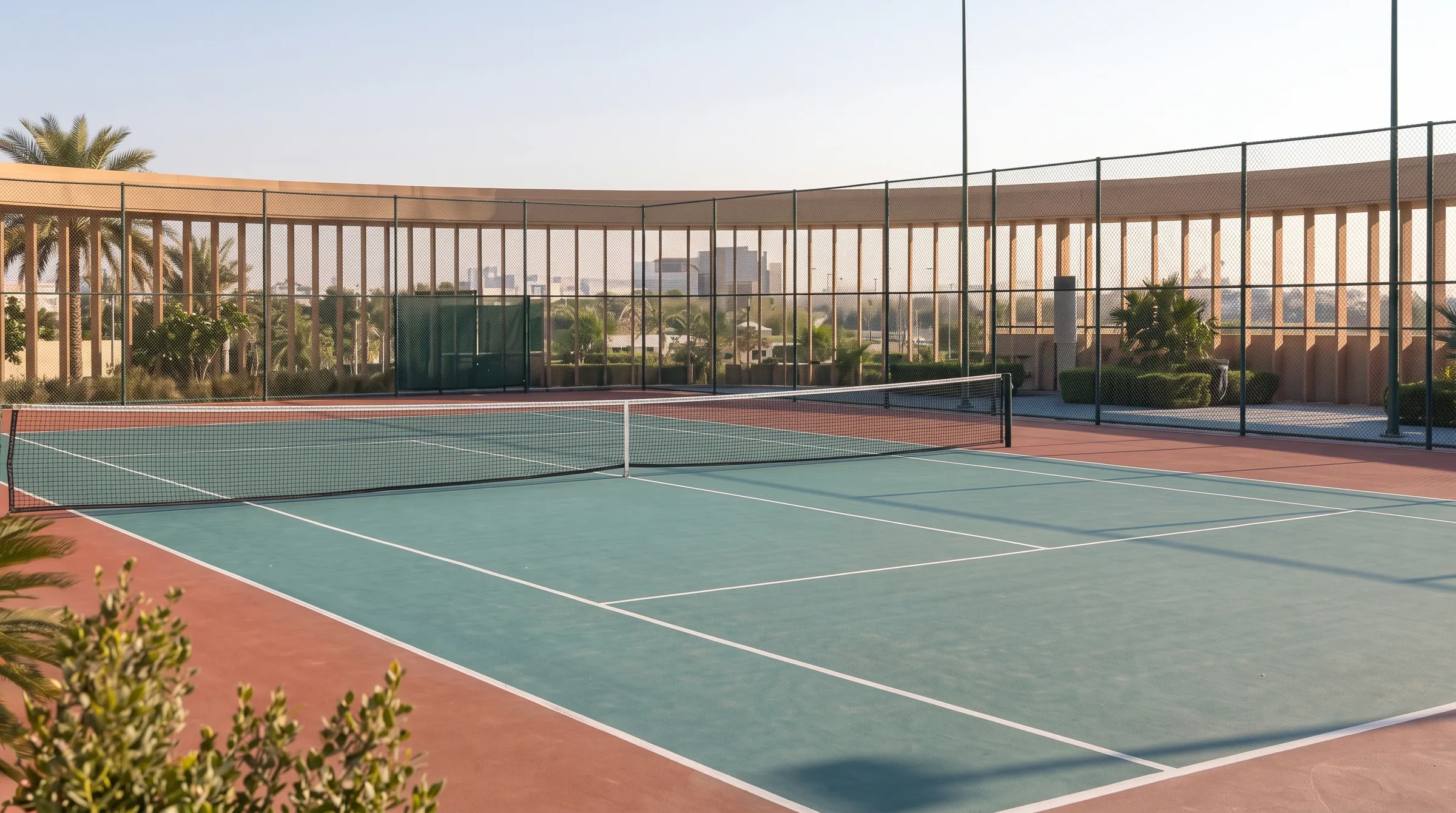 A tennis court on the podium by day, palms and the city beyond the fence
