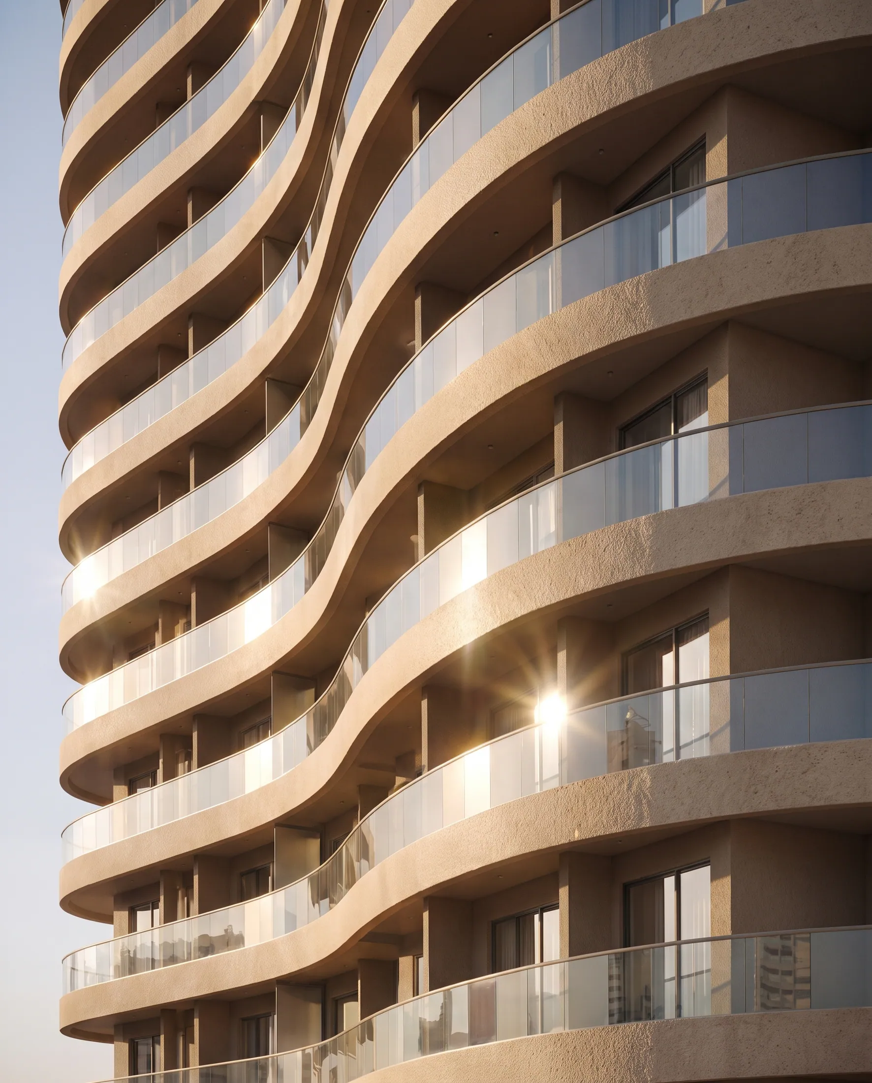 Burj Urubah’s curved balconies rising band above band in the sun
