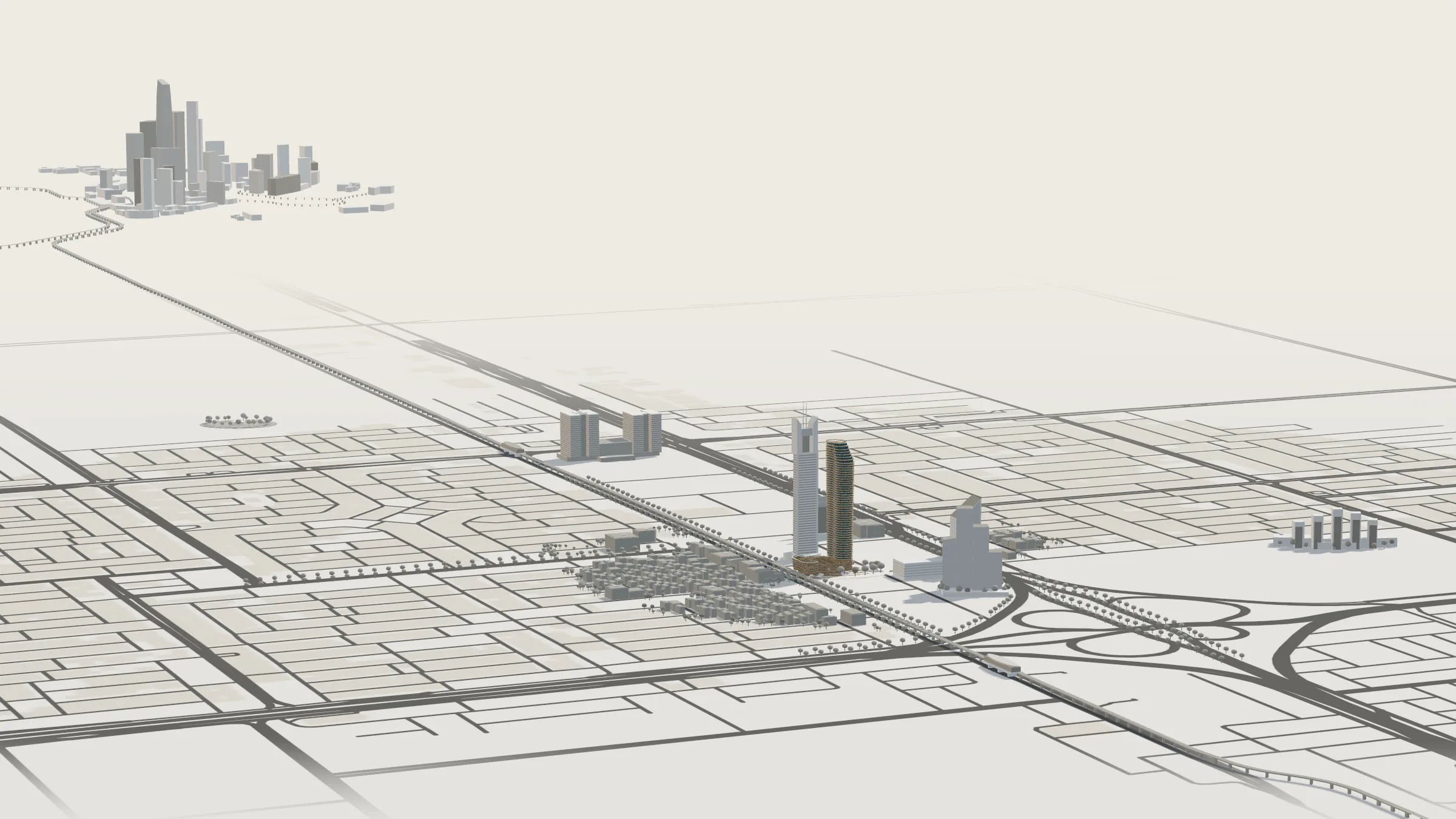 Three-dimensional model of the district around Burj Urubah, with KAFD on the horizon