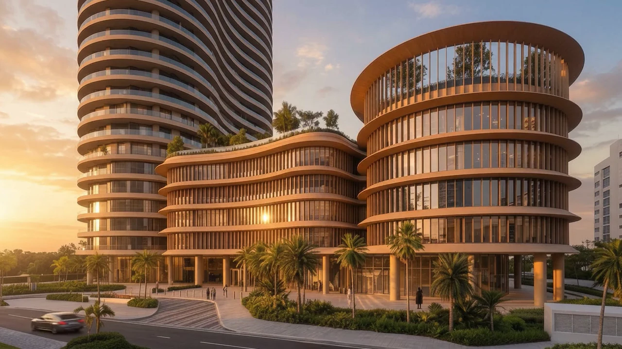 Burj Urubah and its podium at golden hour, palms along the street