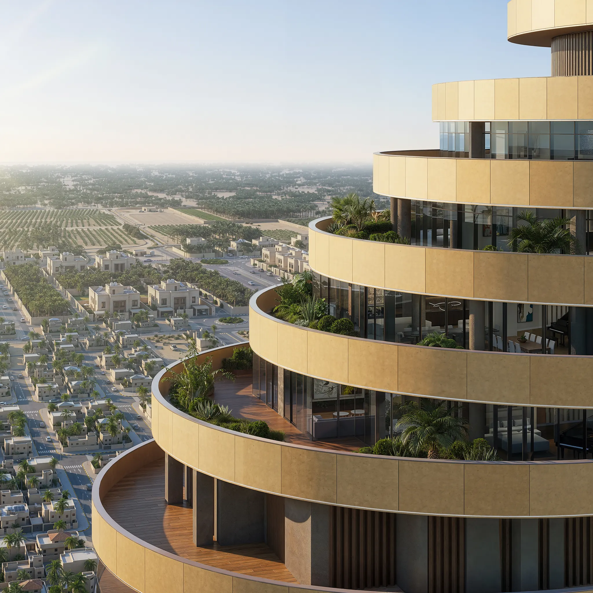 Planted terraces stepping back near the top of the tower, the city beyond