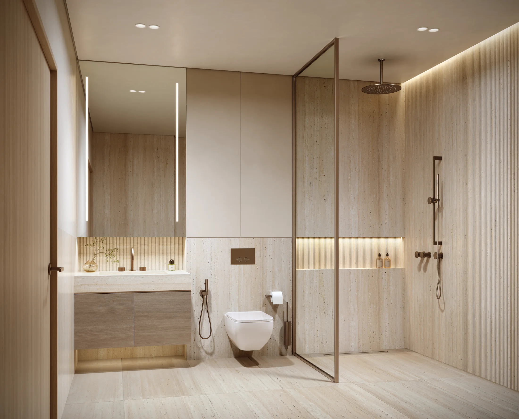 Master bathroom with a glass shower and timber vanity