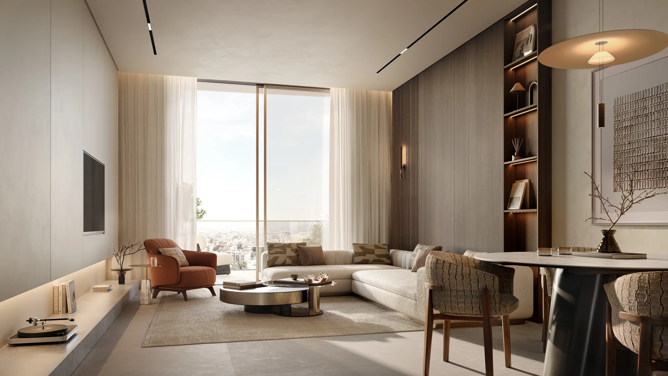 A living room in soft daylight, a sofa facing tall windows over the city