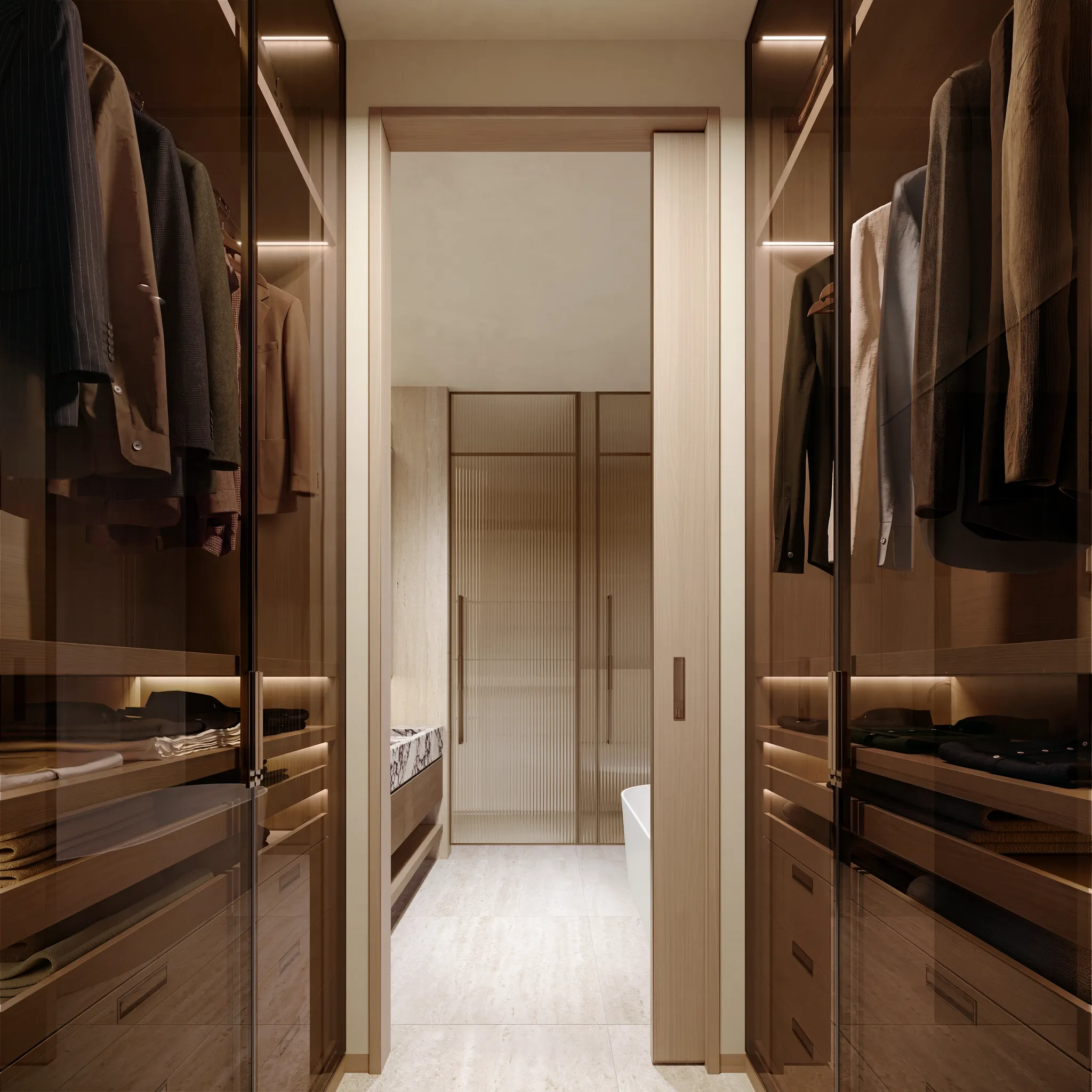 A penthouse walk-in closet lined with timber and glass wardrobes
