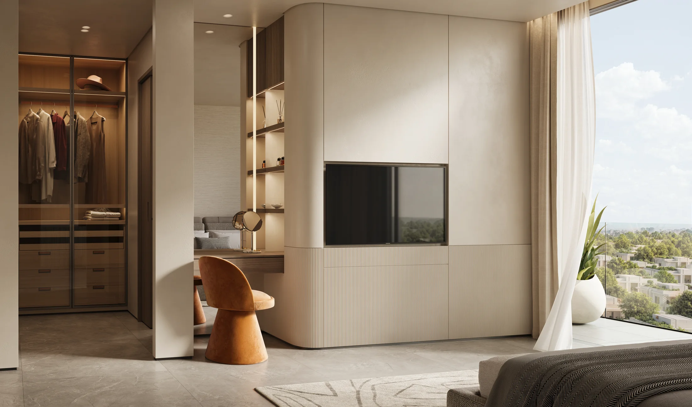 A walk-in closet opening to the bedroom and a window