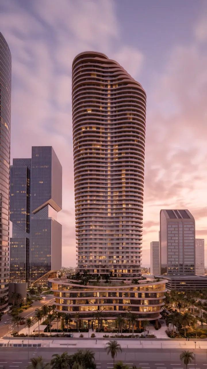 Burj Urubah as day turns to night over North Riyadh, its balconies lighting up